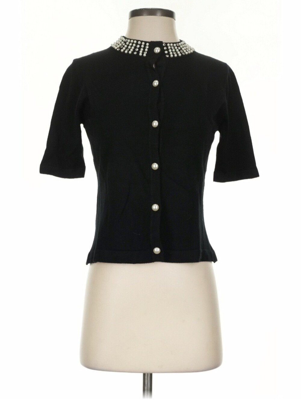 Liv Milano Black Pearl-Embellished Short-Sleeve Sweater Cardigan